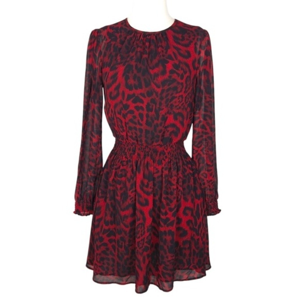 Michael Kors Red & Black Leopard Chiffon Long Sleeve Mini A-Line Dress- Small